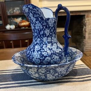 Antique Victoria Ware Ironstone Pitcher and Basin Blue Flow Floral Calico LARGE